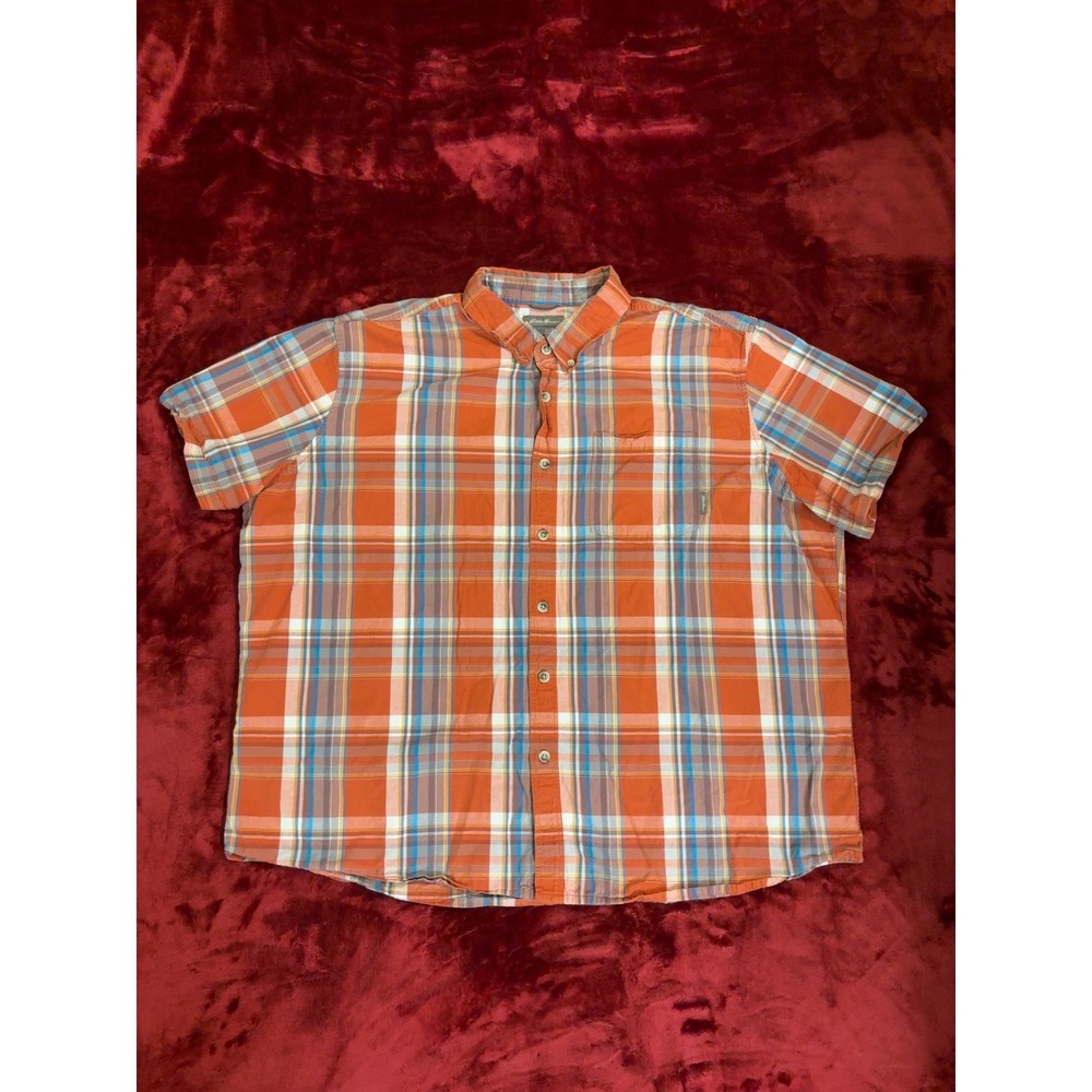 Eddie Bauer Mens 2XL Short Sleeve Button Down Plaid Shirt Orange Blue EM12SW233P